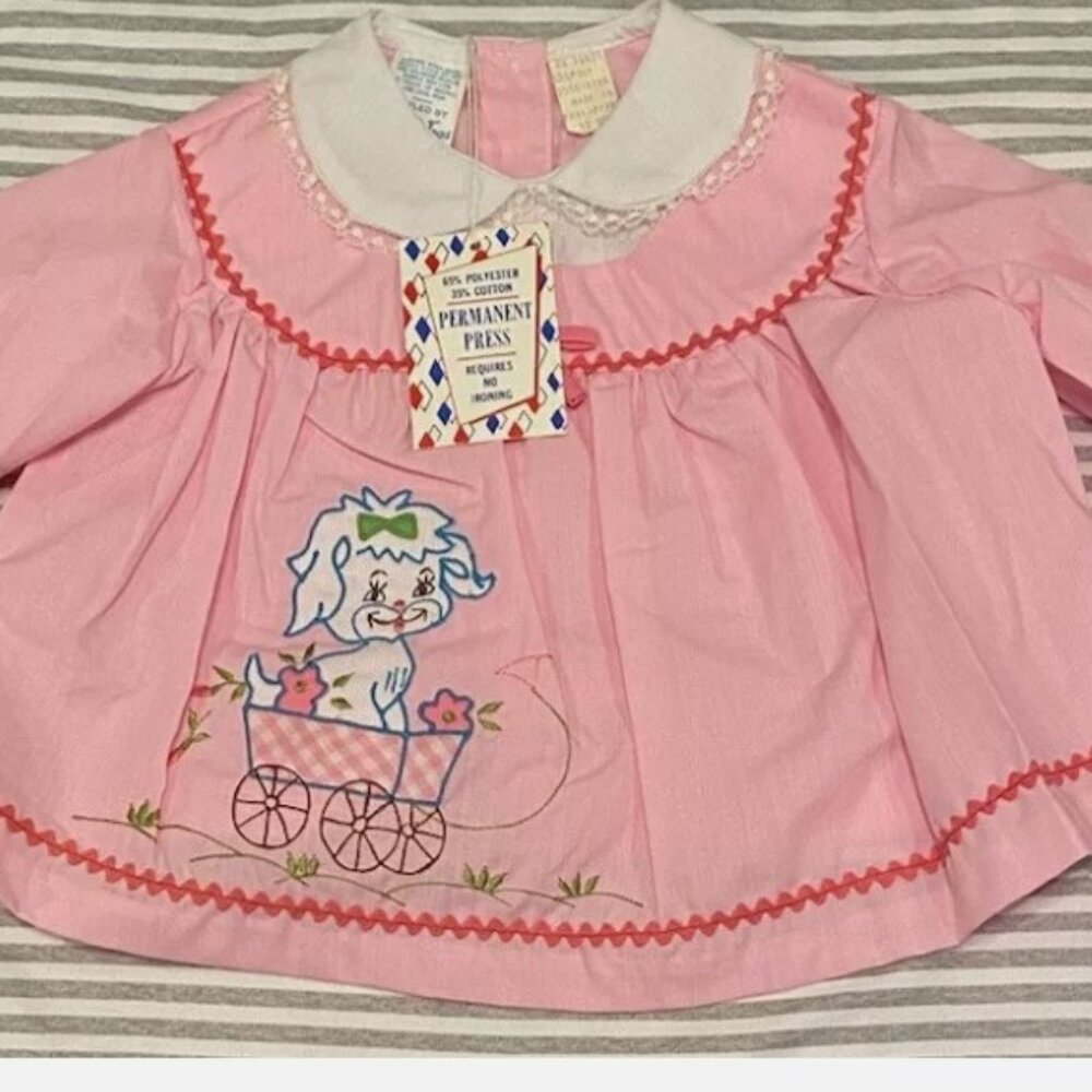 NWT Vintage Cradle Togs Dog Embroidered Pink Baby Girls Dress 12 Months Ric Rac